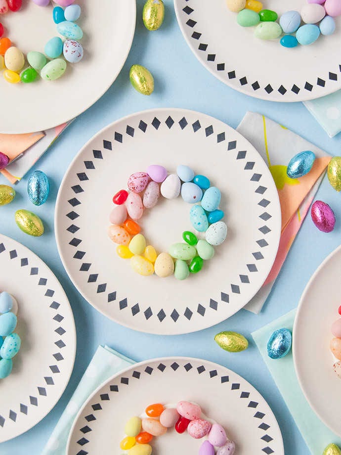 Easter table setting with rainbow eggs