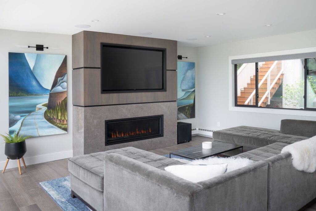 modern minimalist fireplace with tile and wood