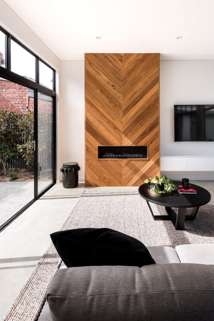 modern wood clad fireplace