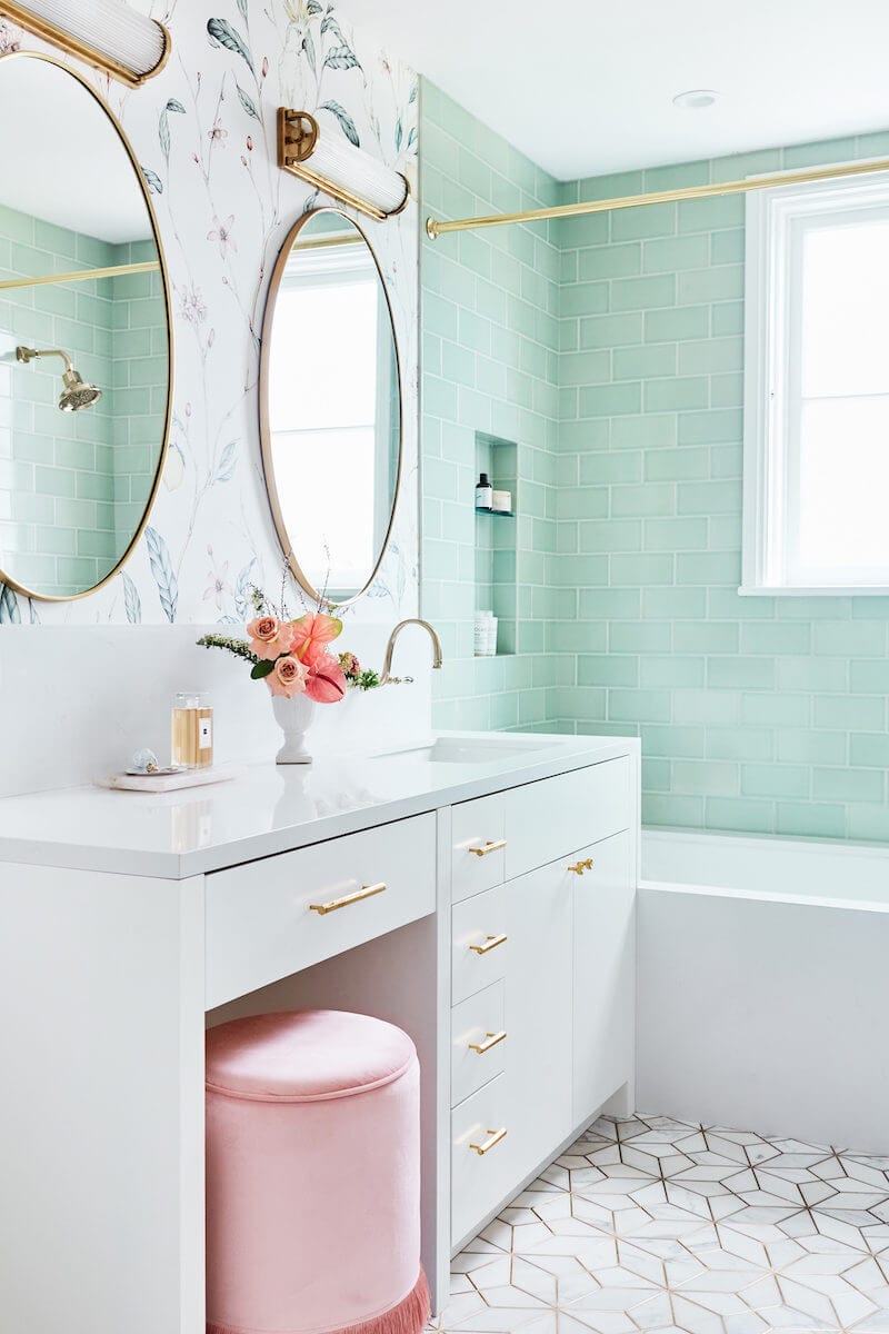 jewel box bathroom with pastels and gold