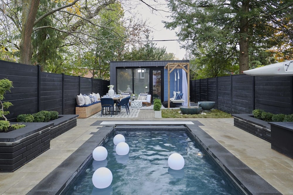 long outdoor living space with pool