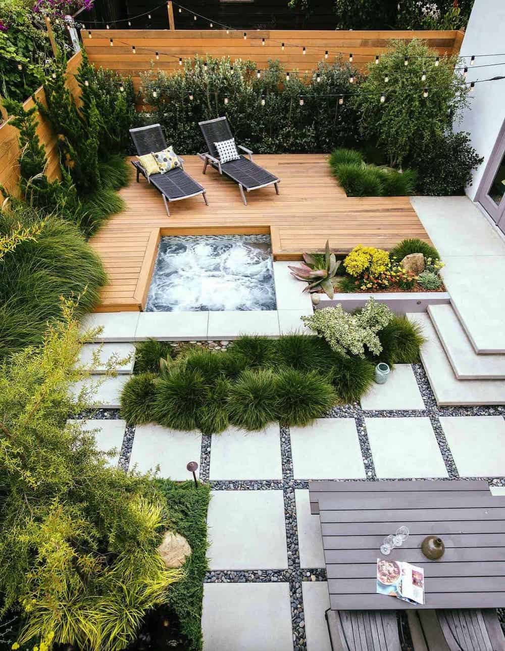 custom in-ground hot tub with wood deck