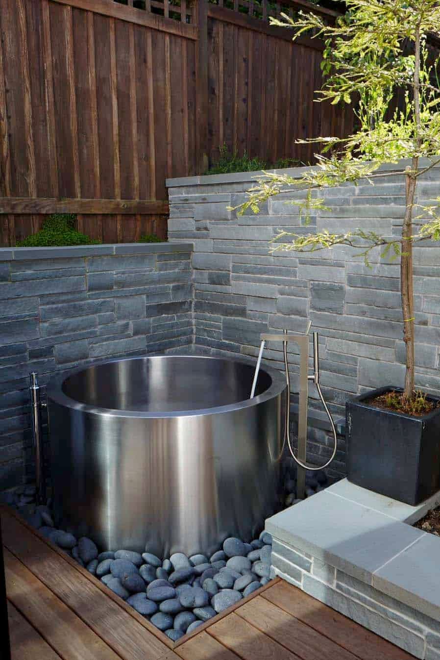 ofuro soaking tub in yard