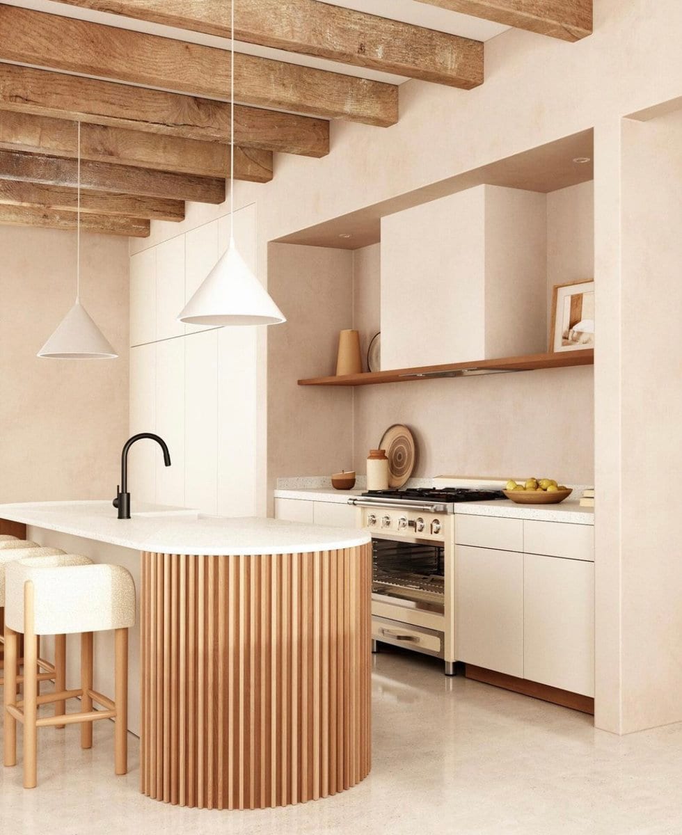 curved kitchen island with fluted wood