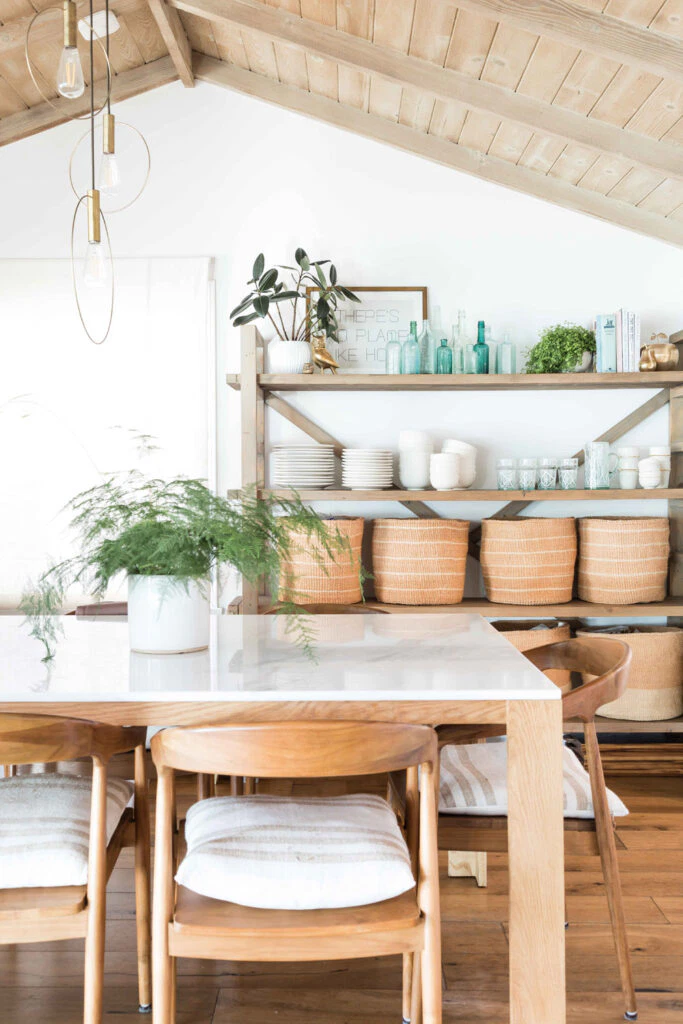 decluttered dining space - organized shelving