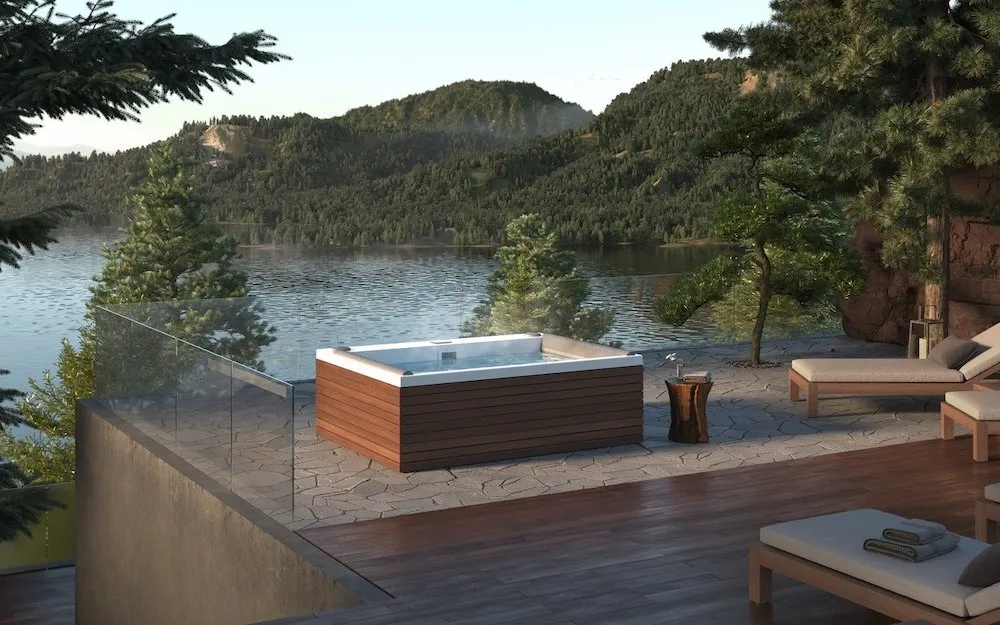 hot tub on deck with views