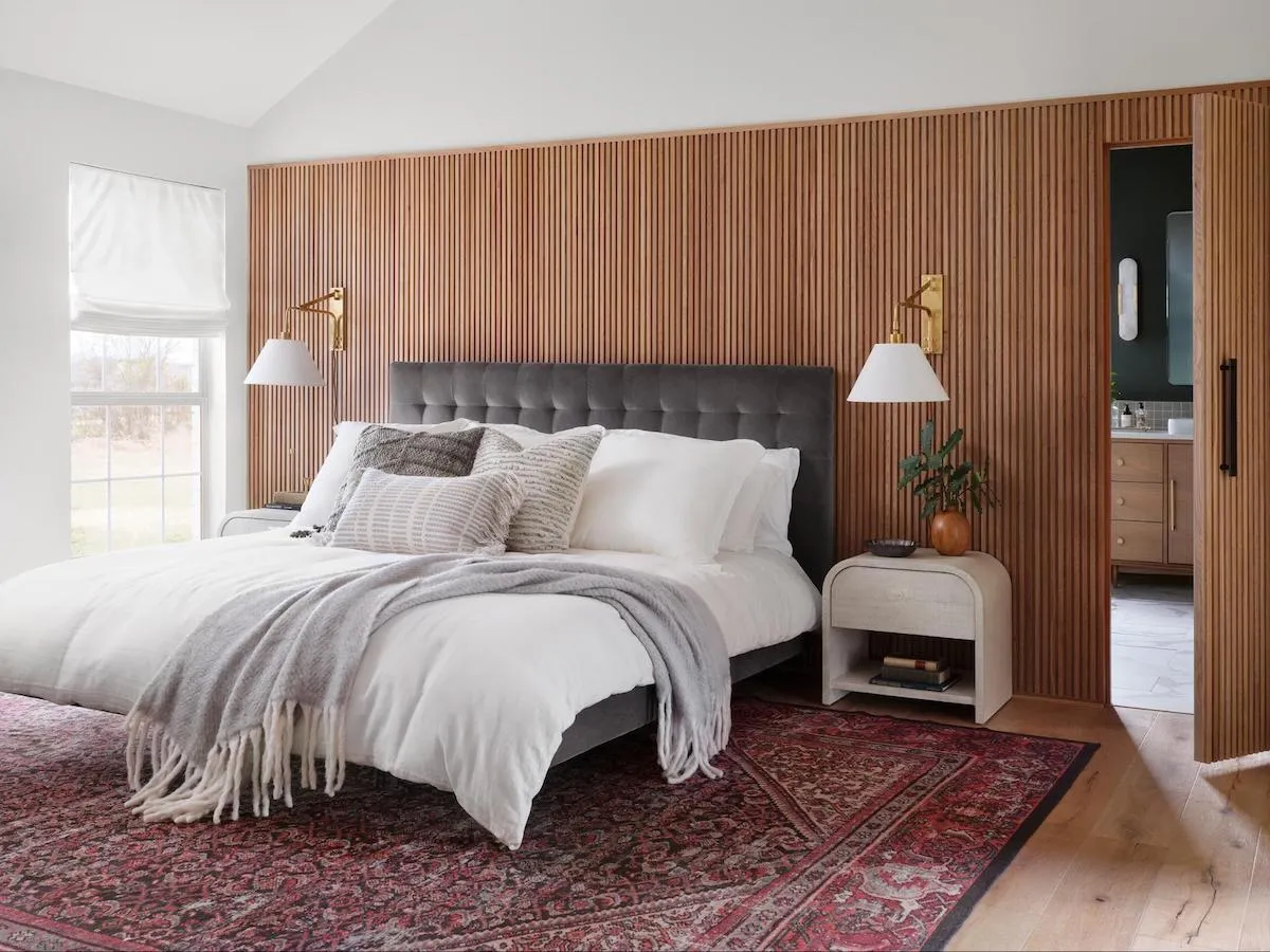 wood slats bedroom feature wall