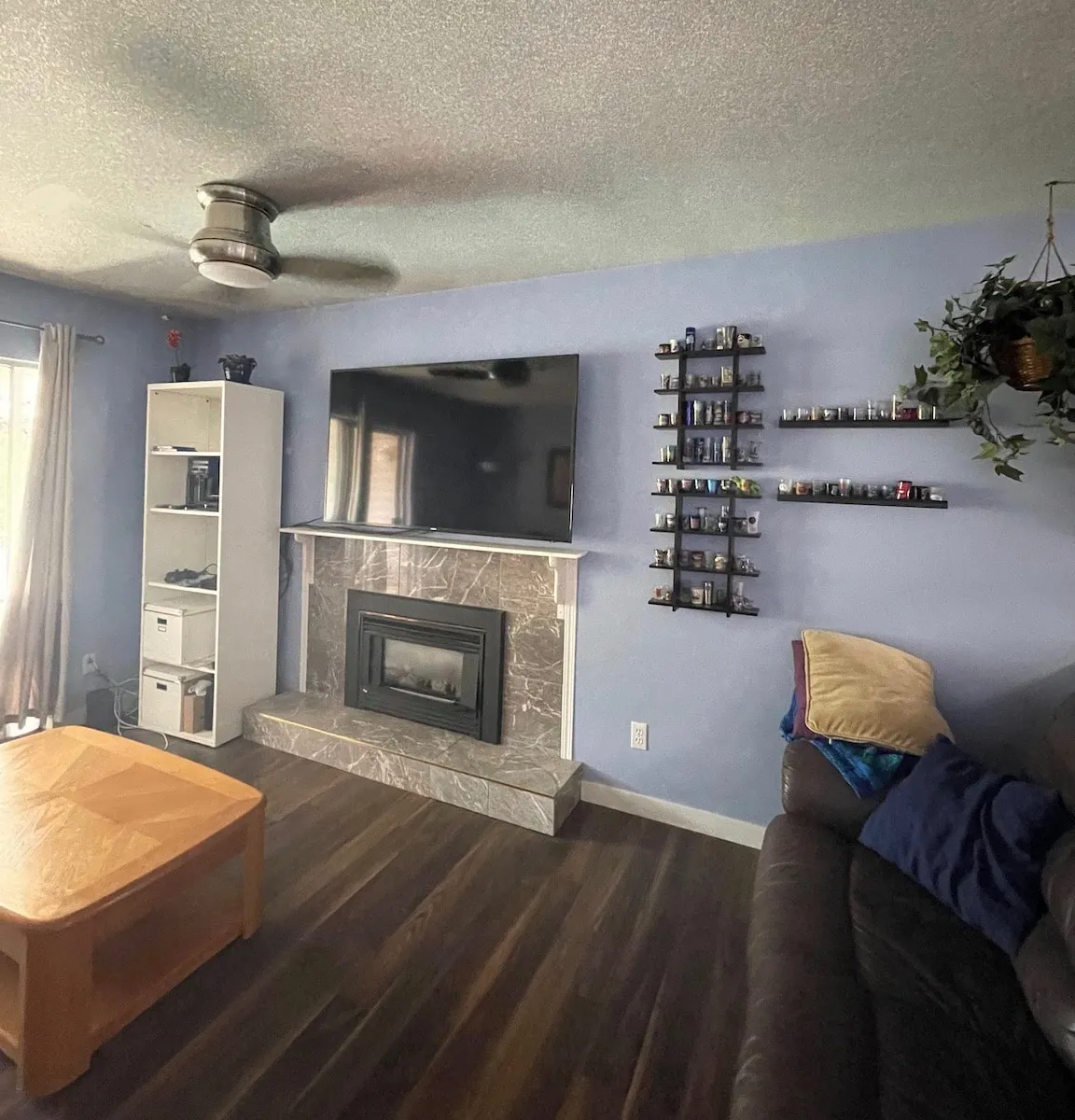 before fireplace in family room