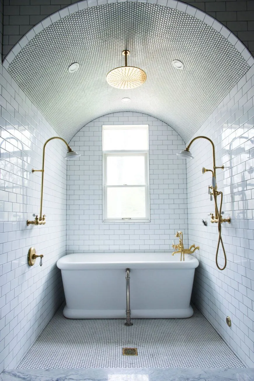 open shower room with bathtub by Leanne Ford