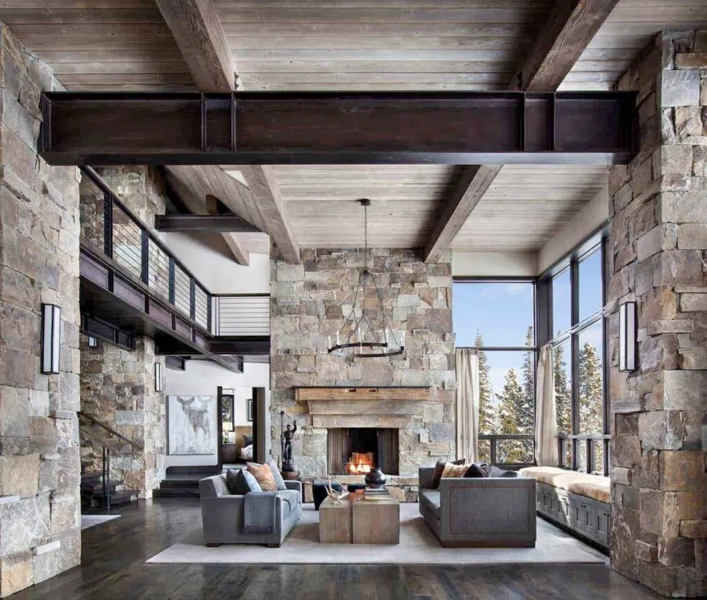 stone fireplace in mountain house 